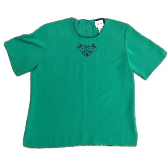 Vintage 80-90s TanJay Green Navy Heart Embroidered Short Sleeve Silky Top Sz 8 - Picture 2 of 12